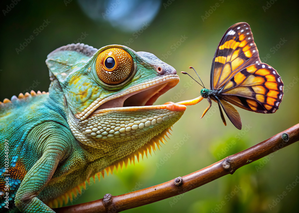 Fototapeta premium vibrant chameleon reaching for colorful butterfly with its extended tongue, showcasing moment of natures beauty and interaction. vivid colors and intricate details highlight wonder of wildlife