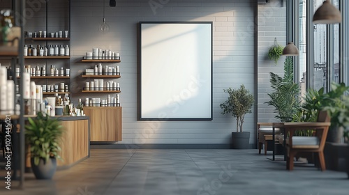 Cozy pharmacy interior featuring a white blank advertisement mockup accompanied by plants, sunlight, and wooden furniture. Copy space for text.