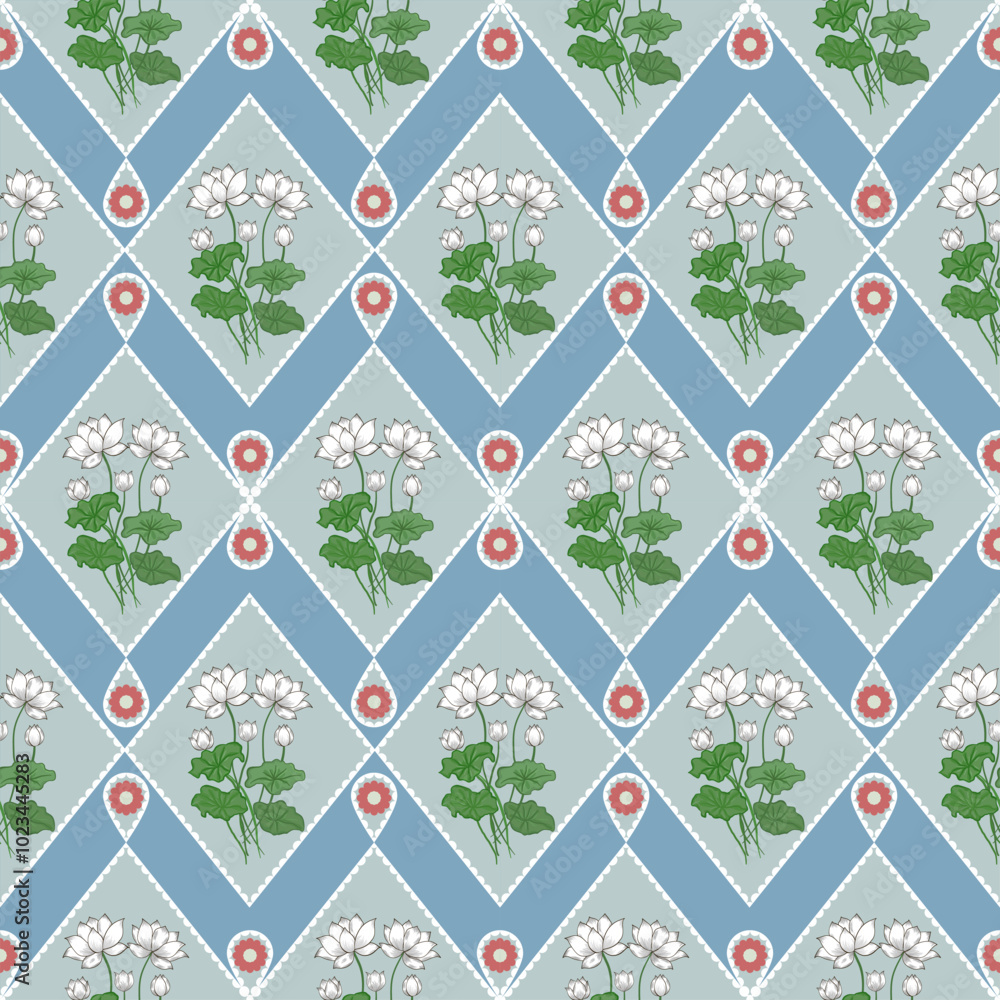 Seamless Lotus Flower Pattern with Blue Diamond Background Seamless Lotus Flower Pattern with Blue Diamond Background