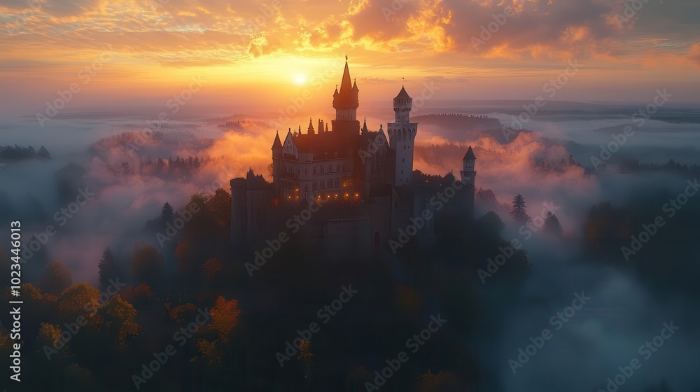 majestic fantasy castle set against a dramatic sunset nestled among rolling hills and lush forests with turrets and towers reaching towards the sky invoking a sense of wonder and adventure majestic fantasy castle set against a dramatic sunset nestled among rolling hills and lush forests with turrets and towers reaching towards the sky invoking a sense of wonder and adventure