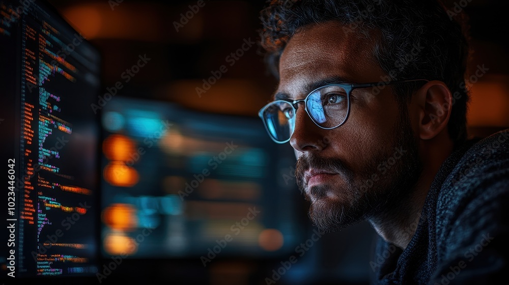 A focused individual works intently at a computer, illuminated by screens displaying code in a dimly lit environment. A focused individual works intently at a computer, illuminated by screens displaying code in a dimly lit environment.