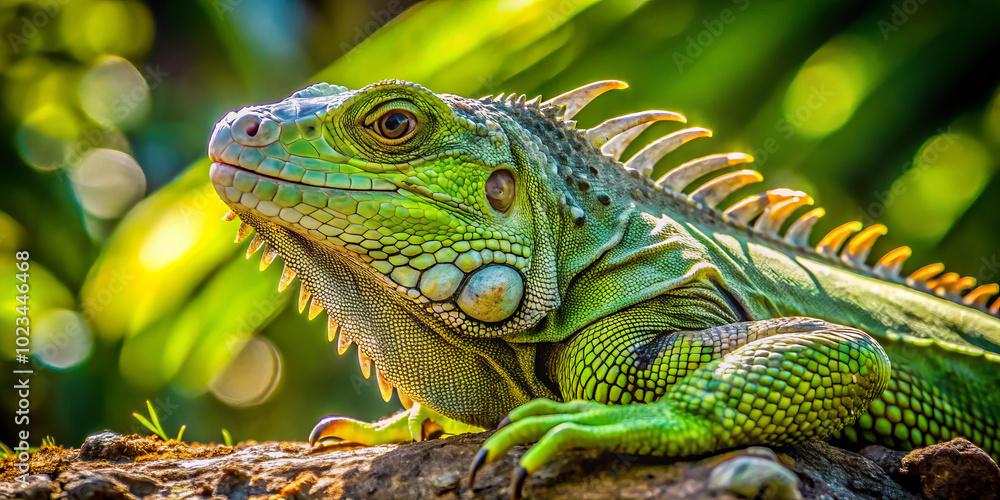Obraz premium vibrant green iguana lounging in sunlight, showcasing its intricate scales and relaxed demeanor amidst lush, natural background. sunlight highlights its features beautifully