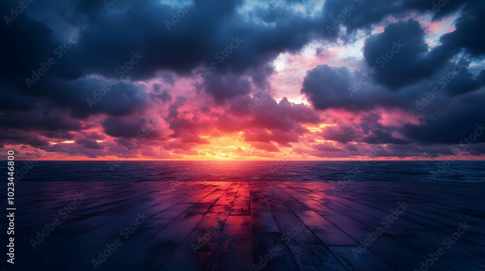 Dark Blue and Pink Sunset Sky with Wooden Floor Background Dark Blue and Pink Sunset Sky with Wooden Floor Background