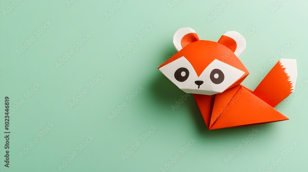Fototapeta premium Origami Paper Red Panda Figurine on Clean Green Background