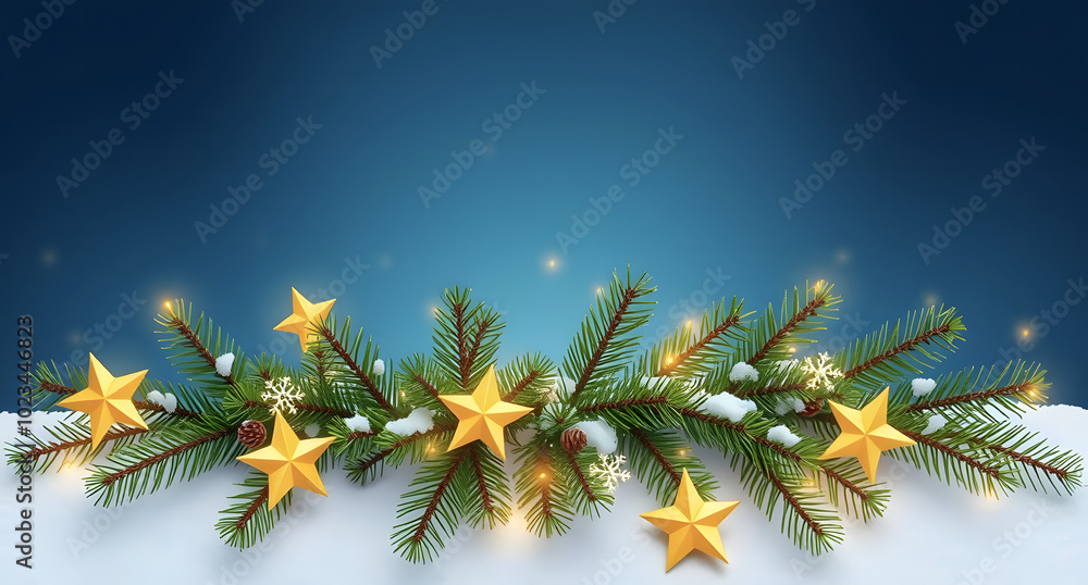Fence of fir branches and golden stars on snow-blue background. Merry Christmas and happy New Year! Winter holiday template with space for text, suitable for greeting cards, invitations, banners and p Fence of fir branches and golden stars on snow-blue background. Merry Christmas and happy New Year! Winter holiday template with space for text, suitable for greeting cards, invitations, banners and p