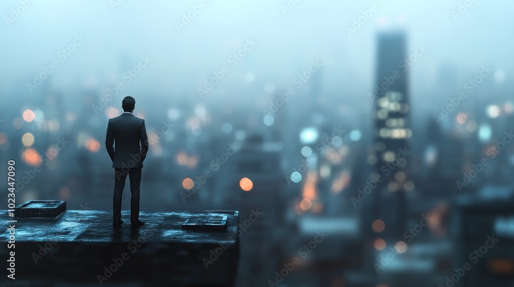 Fototapeta premium A suited figure gazes over a misty city skyline, conveying ambition and introspection.