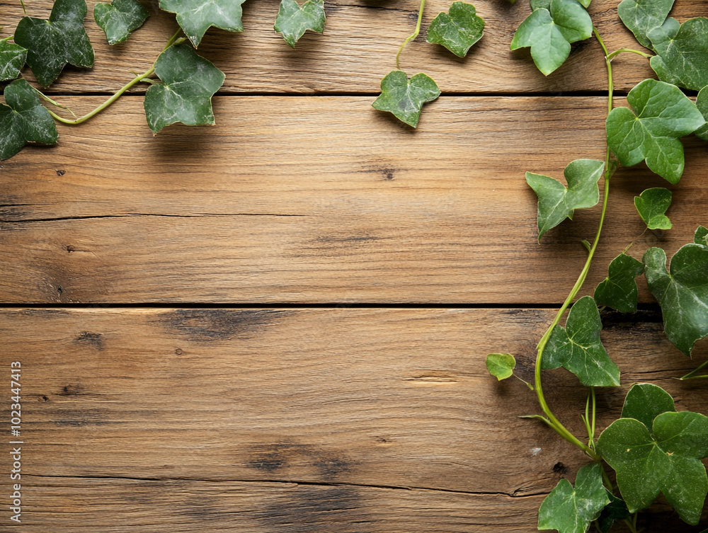 Wooden background with ivy leaves border, with space for text or logo. Wooden board table top with green leaf vines Wooden background with ivy leaves border, with space for text or logo. Wooden board table top with green leaf vines