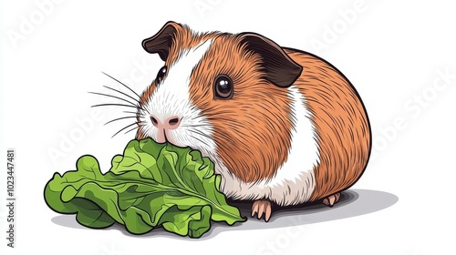 A cute guinea pig eating lettuce, cartoon illustration, bold colors, isolated on white background photo