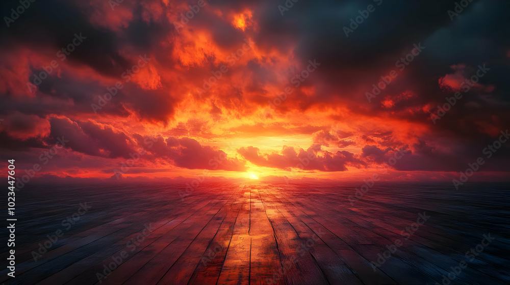 Fototapeta premium Dramatic Sunset with Wooden Floor Background