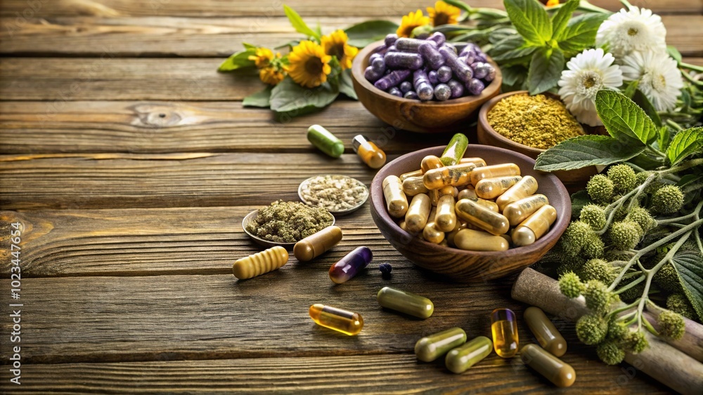 Herbal supplements and remedies displayed on wooden surface at a tilted angle Herbal supplements and remedies displayed on wooden surface at a tilted angle