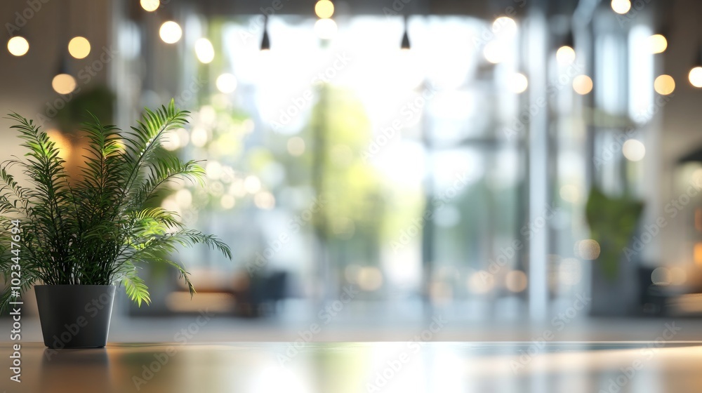 Fototapeta premium A serene indoor space featuring a potted plant and blurred background lights.