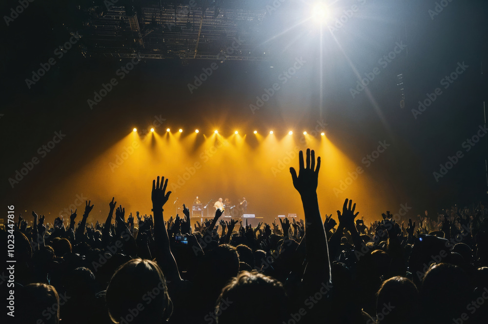 crowd at a concert, hands raised in excitement under bright stage lights, capturing the energy of live music. crowd at a concert, hands raised in excitement under bright stage lights, capturing the energy of live music.