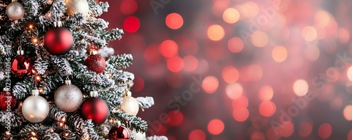 Christmas celebration scene with a beautifully decorated tree, shimmering lights, and a deep red bokeh effect