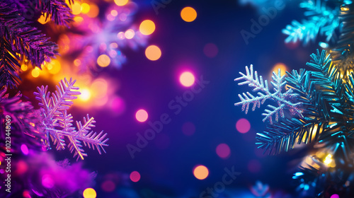 Vibrant close-up of glittering snowflake ornaments on a Christmas tree, surrounded by colorful lights and festive bokeh, creating a magical holiday atmosphere.