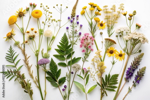 Herbarium of meadow plants collected in summer on white background, medium shot photo