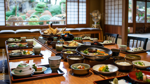 A traditional ryokan breakfast with an array of small dishes, serene setting2