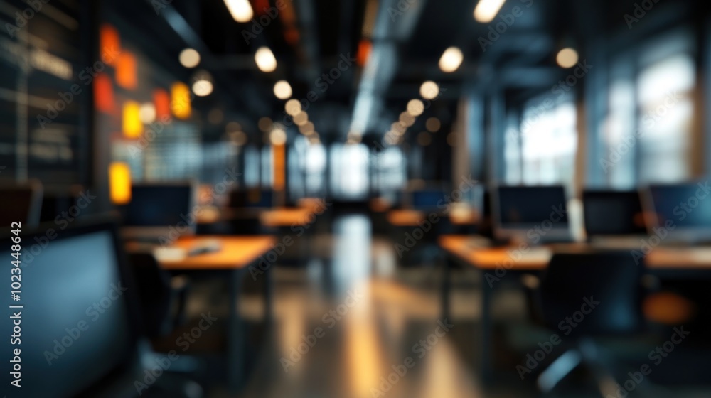 A blurred view of a modern office space with computers and desks. A blurred view of a modern office space with computers and desks.