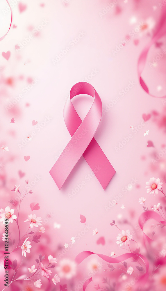 Fototapeta premium Dia Mundial de Combate ao Câncer de Mama. Imagem de um laço rosa no centro, cercado por flores em um fundo rosa. A cena simboliza a conscientização e apoio ao combate ao câncer de mama.