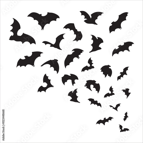 Halloween bat isolated on white background. Bats flying upward from afar, a growing flock of bats. Simple black contour bats for horror night holiday. For label, card, banner, ad