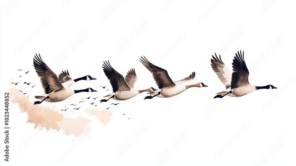 Obraz premium A flock of geese flying in formation, realistic digital painting, cool tones, isolated on white background