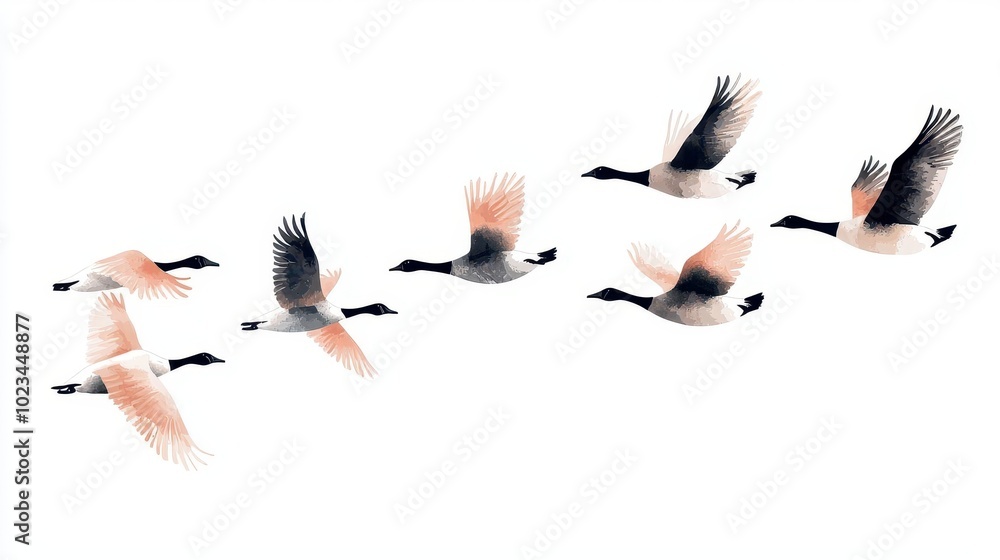 Obraz premium A flock of geese flying in formation, realistic digital painting, cool tones, isolated on white background