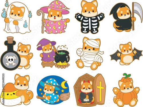 Cute puppy kawaii dog lovely animal halloween vector. Fluffy Shiba Inu pet stickers. Happy doggy activities illustrations.