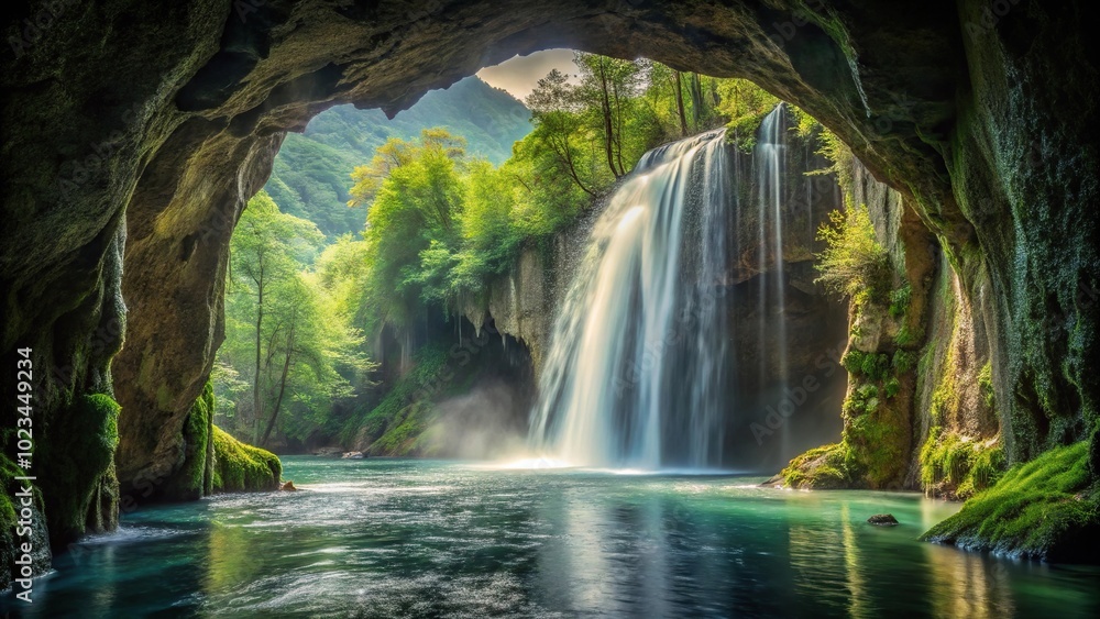 hidden cave entrance behind flowing water curtain hidden cave entrance behind flowing water curtain