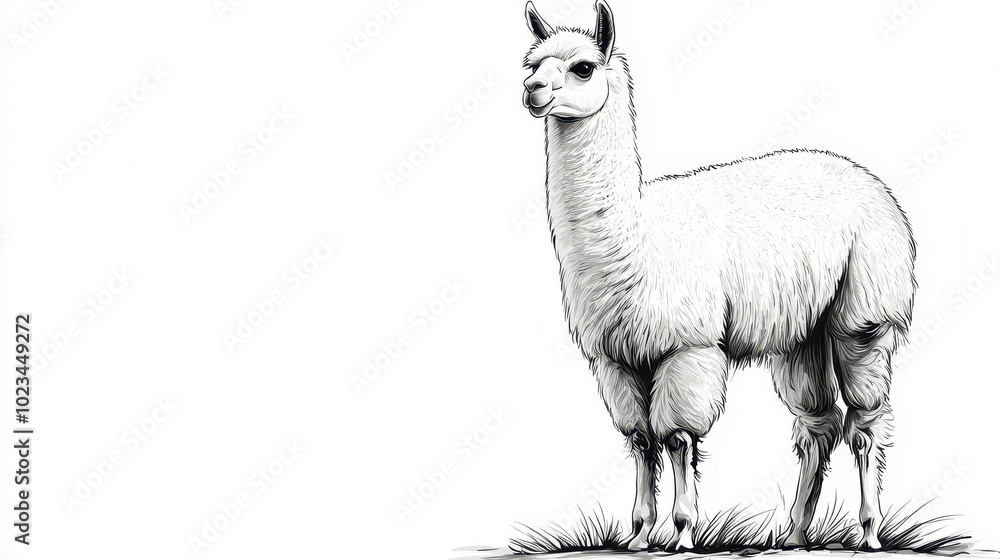 Fototapeta premium A fluffy alpaca standing tall, pencil sketch style, soft shading, isolated on white background