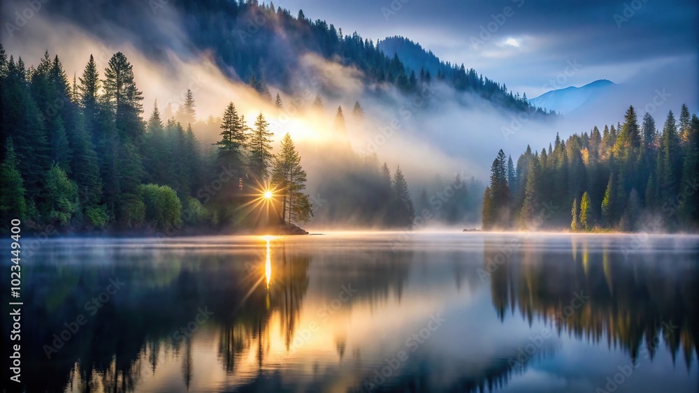 Hidden light behind misty mountain lake and forest Hidden light behind misty mountain lake and forest