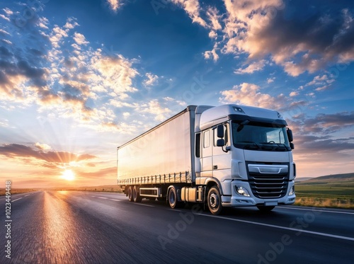 White delivery truck driving fast on a highway at sunset