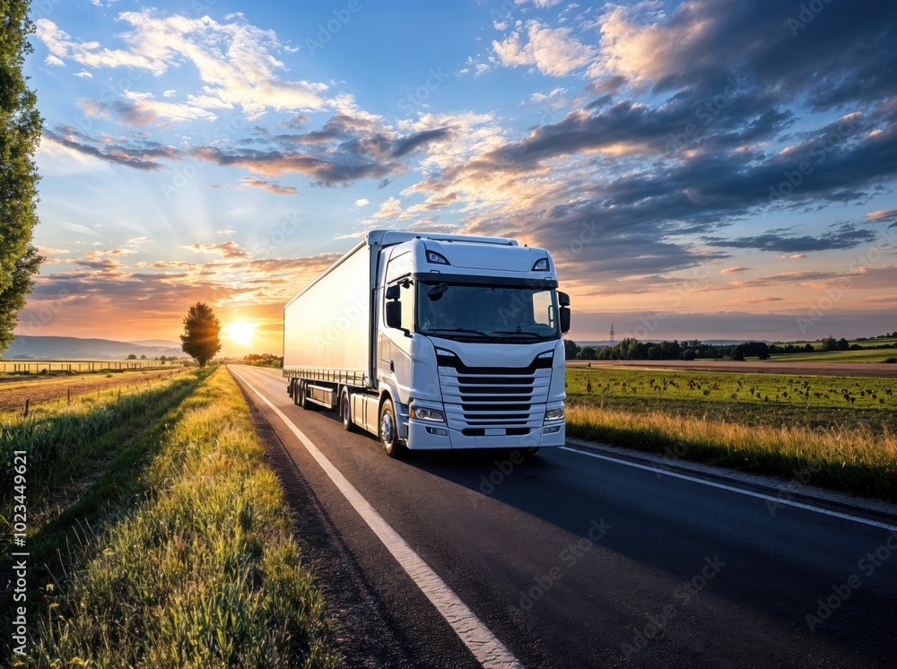 White delivery truck driving on the asphalt road at sunset White delivery truck driving on the asphalt road at sunset