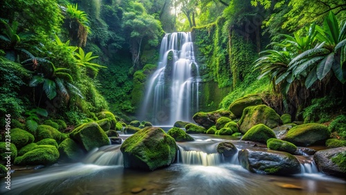 Hidden rainforest waterfall surrounded by lush foliage and mossy rocks, featuring forced perspective