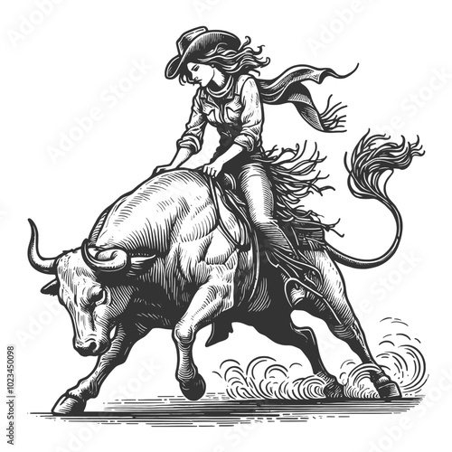 Pin-up woman bull cowgirl in full rodeo action, riding bull with a lasso sketch engraving generative ai fictional character vector illustration. Scratch board imitation. Black and white image.