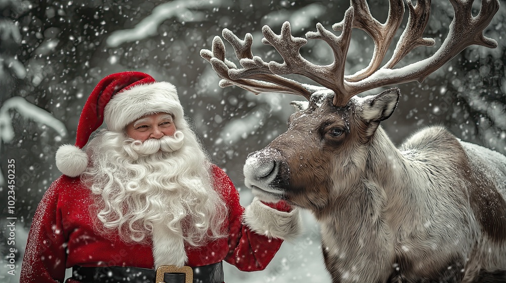 Santa leading reindeer through snow. Santa leading reindeer through snow.