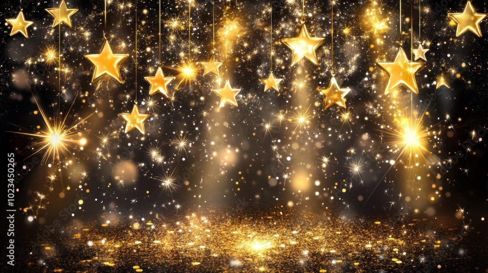 Naklejka premium A dazzling golden stage with bright spotlights and sparkling stars, creating a festive and celebratory atmosphere