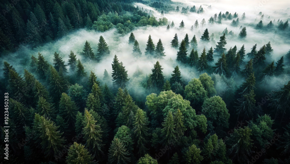 Fototapeta premium Aerial view of lush green forest covered in fog at sunrise