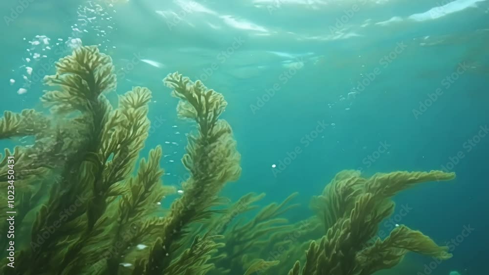 Sunlight is filtering through a dense kelp forest, creating a mesmerizing play of light and shadow in the blue ocean water