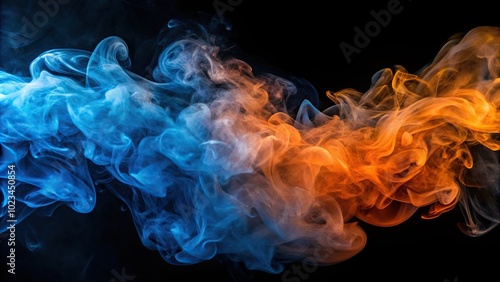 High angle abstract blue orange smoke steam moves on black background texture