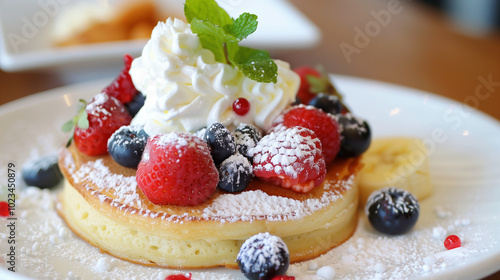 Japanese souffl? pancakes, fluffy and topped with fresh berries and whipped cream1 photo