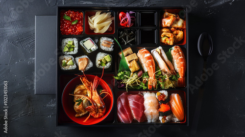 Luxury bento box with exquisite seafood and premium ingredients, top-down view2 photo