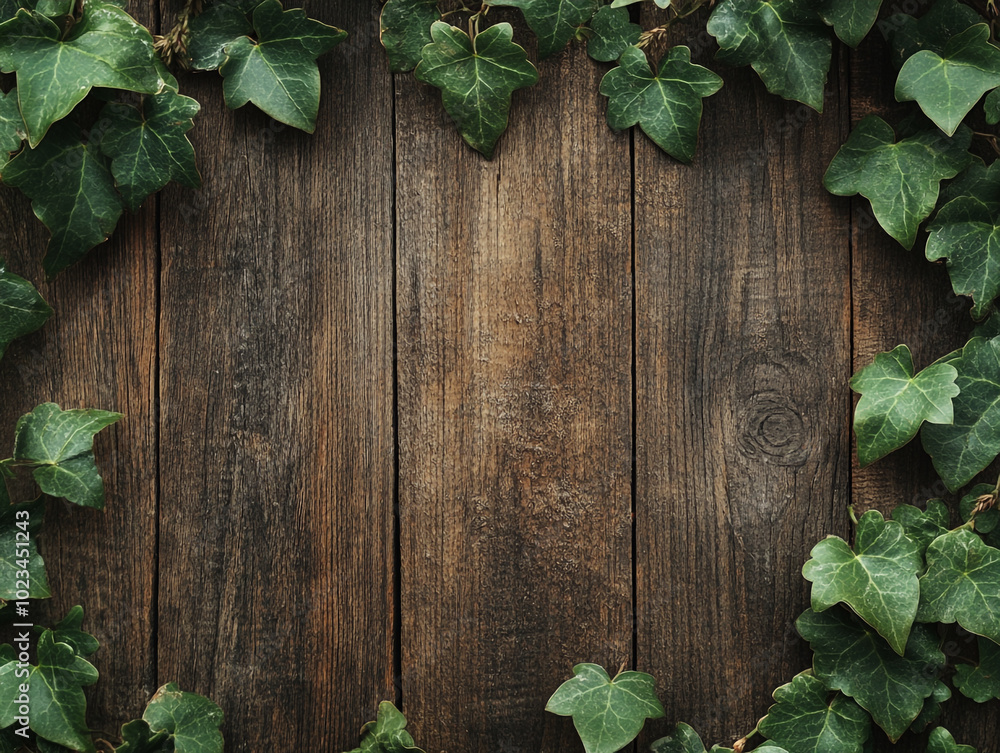 Wooden background with ivy leaves border, with space for text or logo. Wooden board table top with green leaf vines Wooden background with ivy leaves border, with space for text or logo. Wooden board table top with green leaf vines