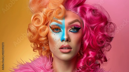 Vibrant Makeup Portrait of Fashionable Woman with Colorful Curly Hair