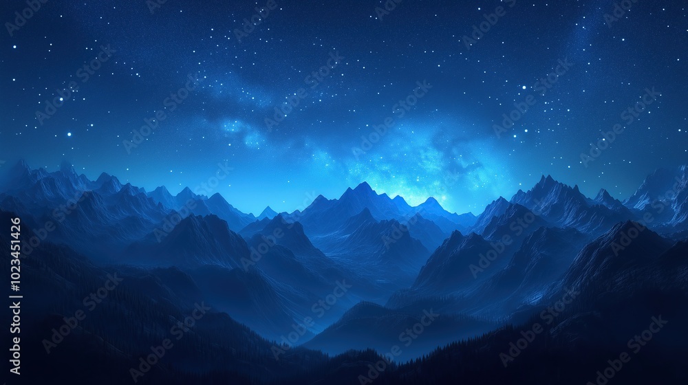 View of beautiful night sky with stars in foggy mountain valley. Scenic landscape of misty hills under blue starry sky. View of beautiful night sky with stars in foggy mountain valley. Scenic landscape of misty hills under blue starry sky.