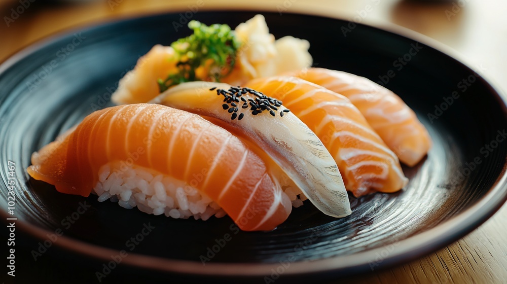 Fresh Sushi Platter with Salmon and Ginger Garnish Fresh Sushi Platter with Salmon and Ginger Garnish