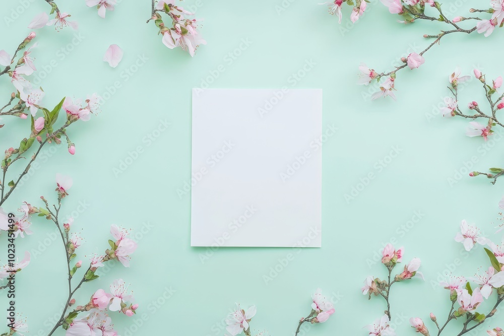 A soft teal background is surrounded by a white card adorned with delicate pink flowers A soft teal background is surrounded by a white card adorned with delicate pink flowers