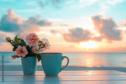 In front of an azure sea and a tropical sandy beach, a straw bag holds a cup of coffee. Relaxing summer vacation concept. photo