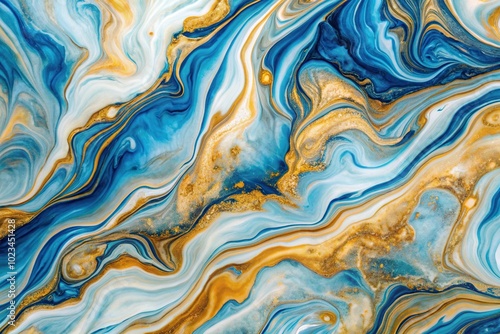 High angle abstract marble wavy blue gold white modern background