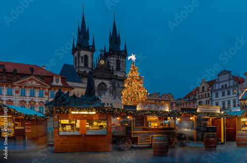 Photography Christmas tree and market on the Old town Square - Prague, Czech Republic