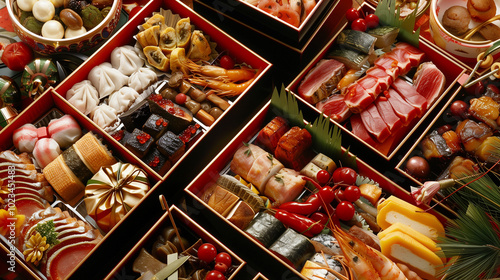 New Year’s osechi ryori with an array of traditional celebratory foods in lacquered boxes1 photo