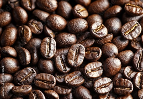 Closeup of roasted arabica coffee beans filling the frame